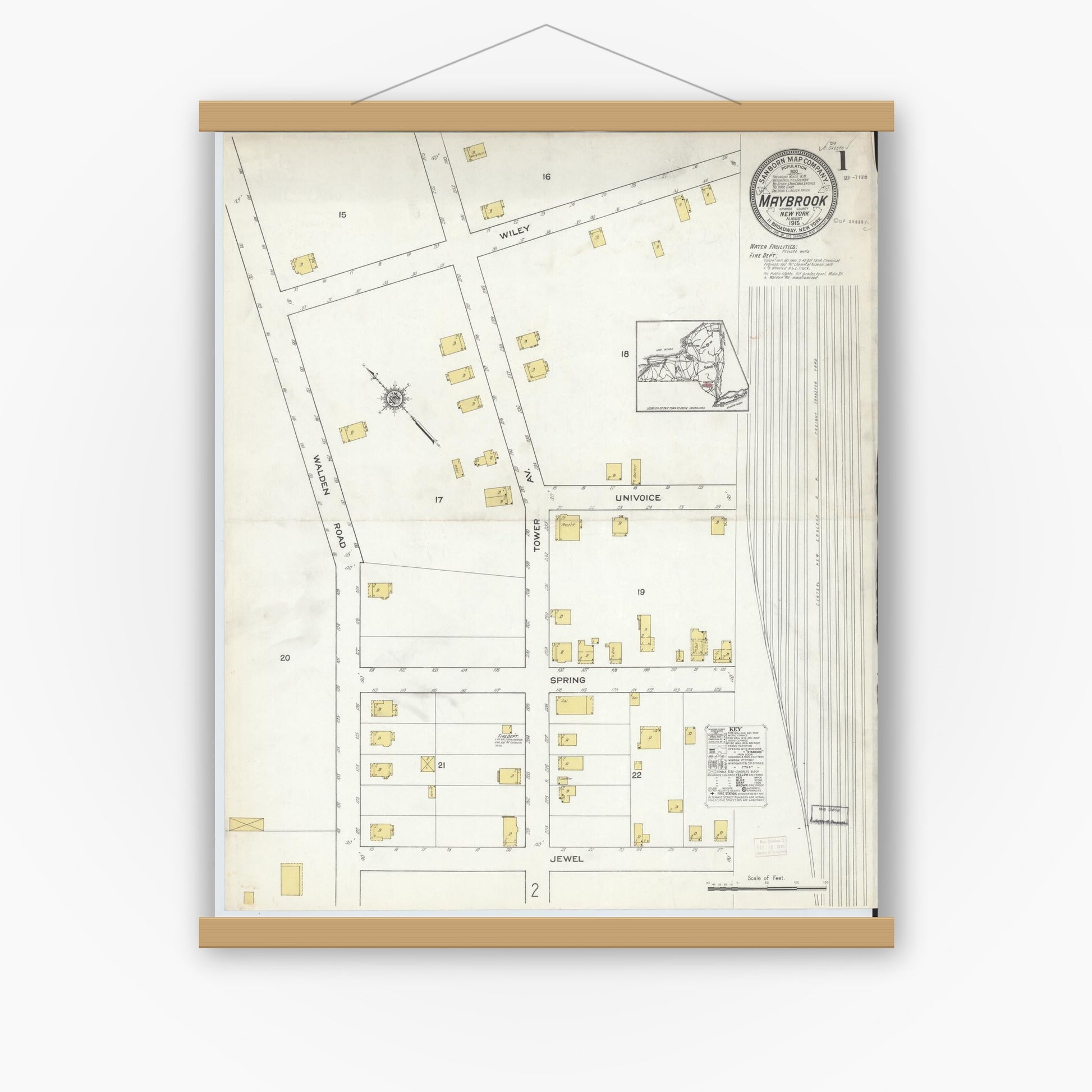 Old map wall art mockup — magnetic wood frame on white wall — Sanborn Fire Insurance Map from Maybrook, Orange County, New York (1915) - Complete Map Set