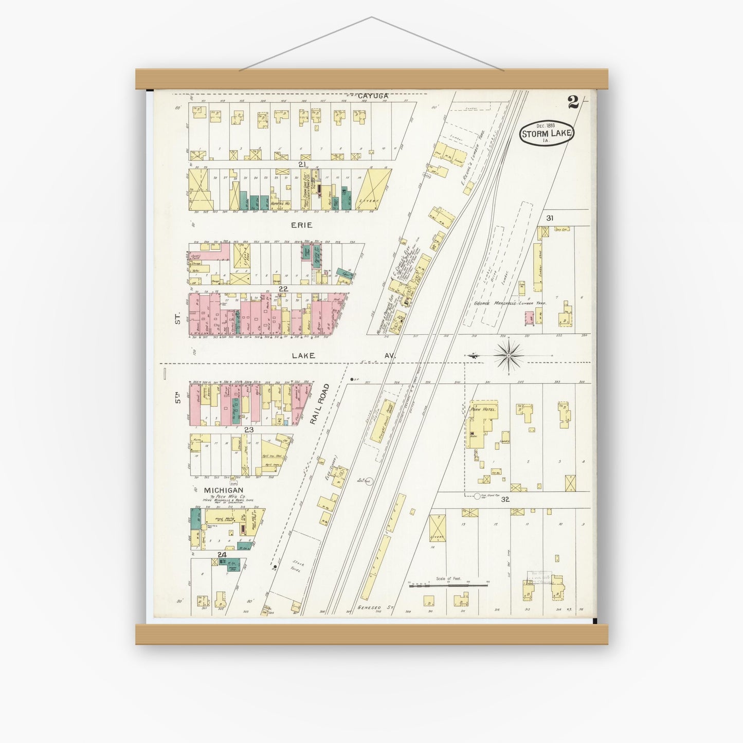 Old map wall art mockup — magnetic wood frame on white wall — Sanborn Fire Insurance Map from Storm Lake, Buena Vista County, Iowa (1893), Sheet #0002