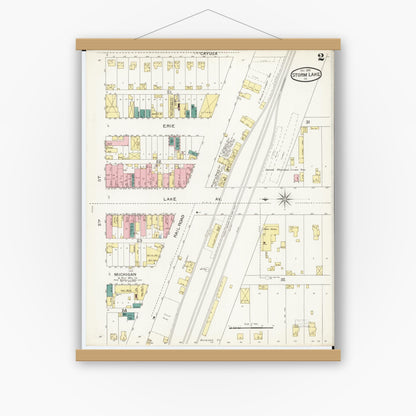 Old map wall art mockup — magnetic wood frame on white wall — Sanborn Fire Insurance Map from Storm Lake, Buena Vista County, Iowa (1893), Sheet #0002