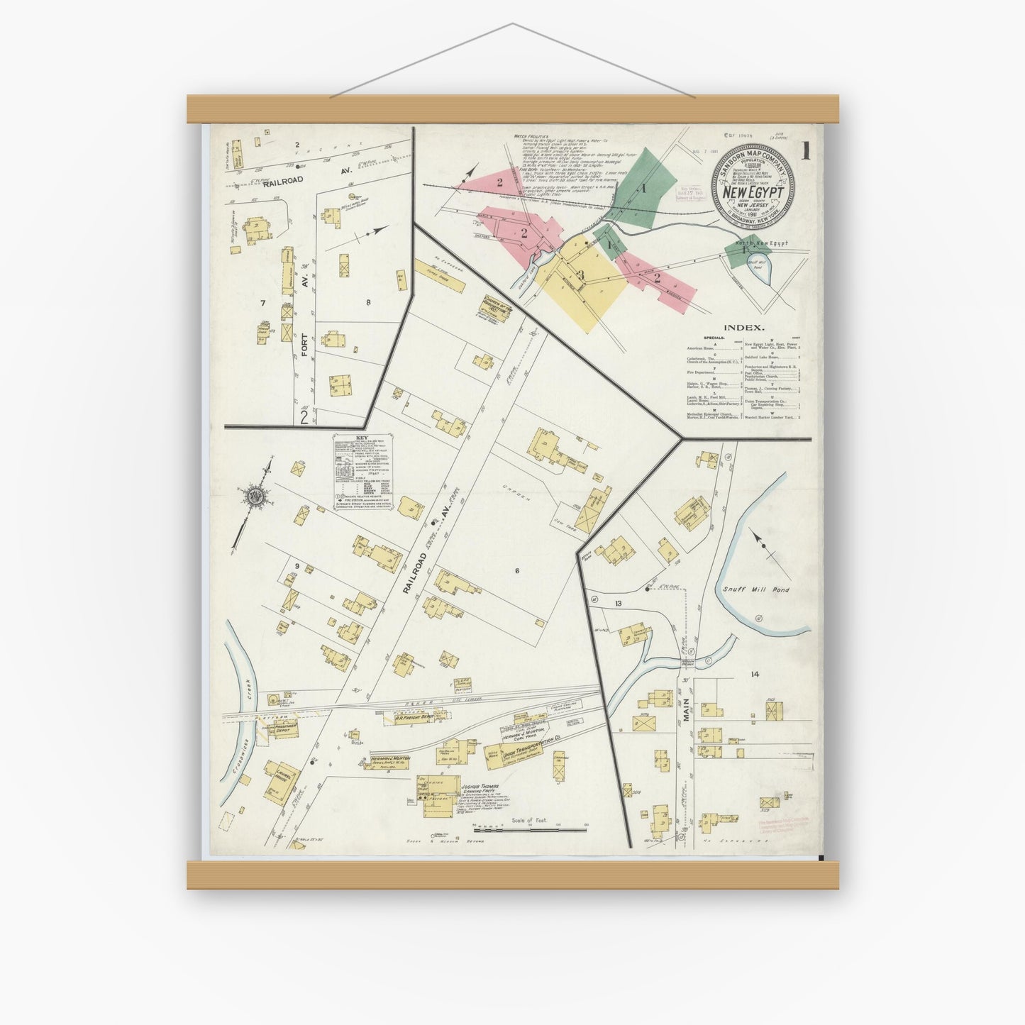 Old map wall art mockup — magnetic wood frame on white wall — Sanborn Fire Insurance Map from New Egypt, Ocean County, New Jersey (1911), Sheet #0001