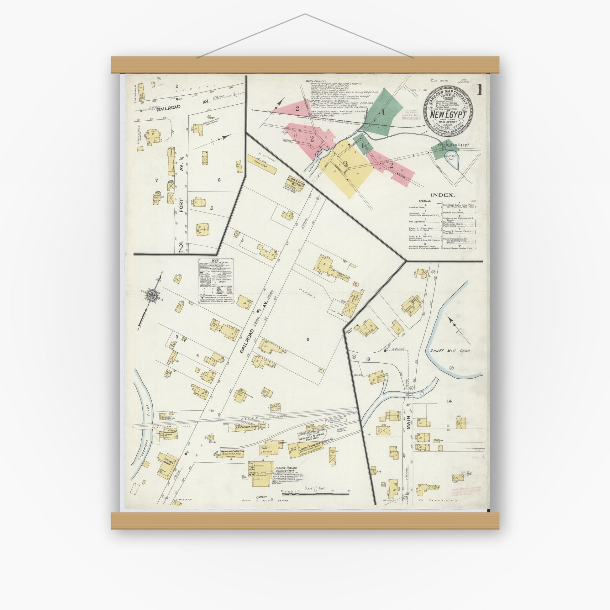Old map wall art mockup — magnetic wood frame on white wall — Sanborn Fire Insurance Map from New Egypt, Ocean County, New Jersey (1911), Sheet #0001