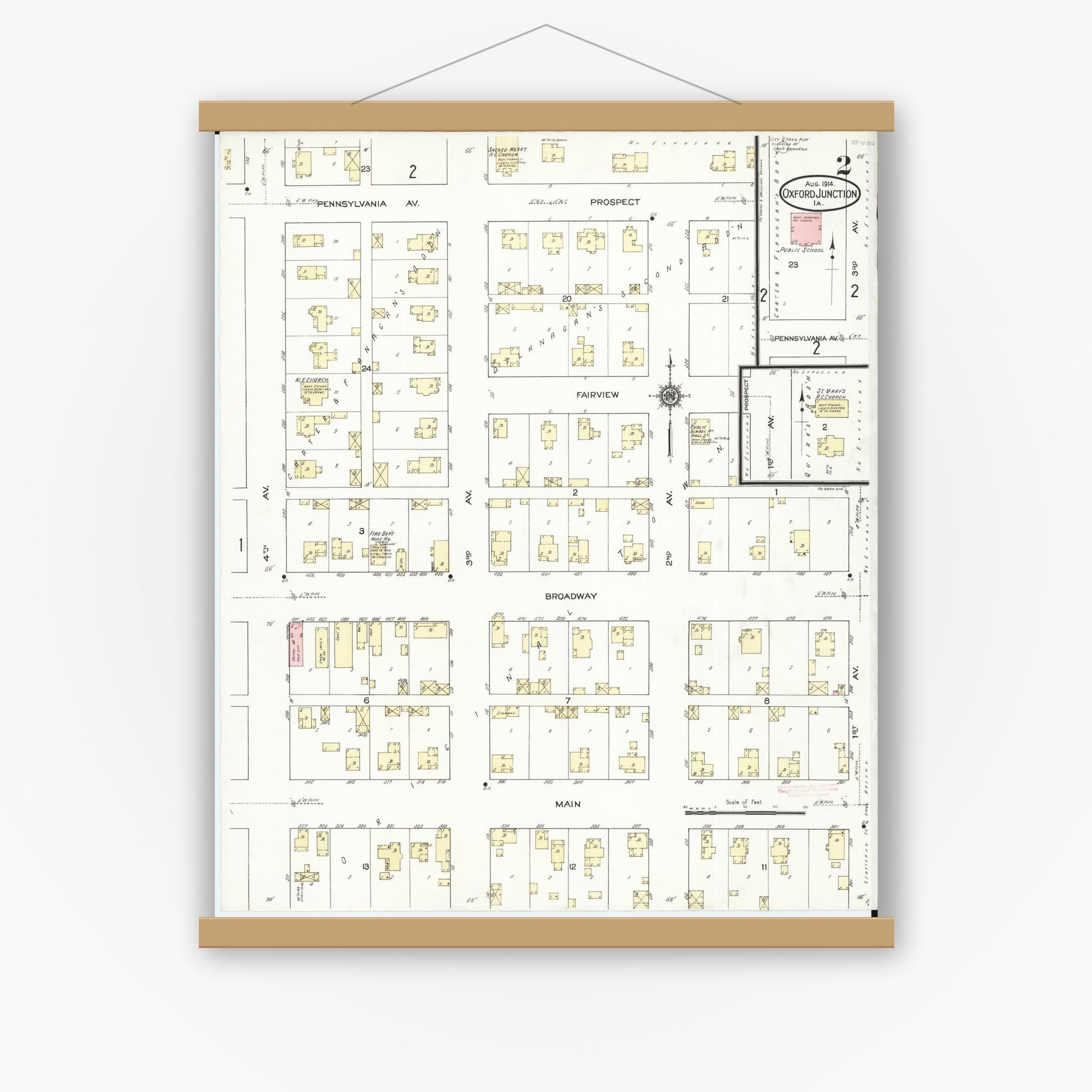 Old map wall art mockup — magnetic wood frame on white wall — Sanborn Fire Insurance Map from Oxford Junction, Jones County, Iowa (1914), Sheet #0002