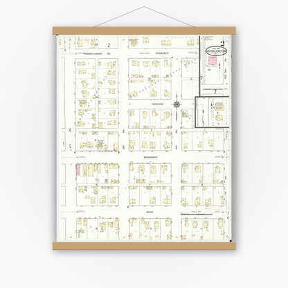 Old map wall art mockup — magnetic wood frame on white wall — Sanborn Fire Insurance Map from Oxford Junction, Jones County, Iowa (1914), Sheet #0002