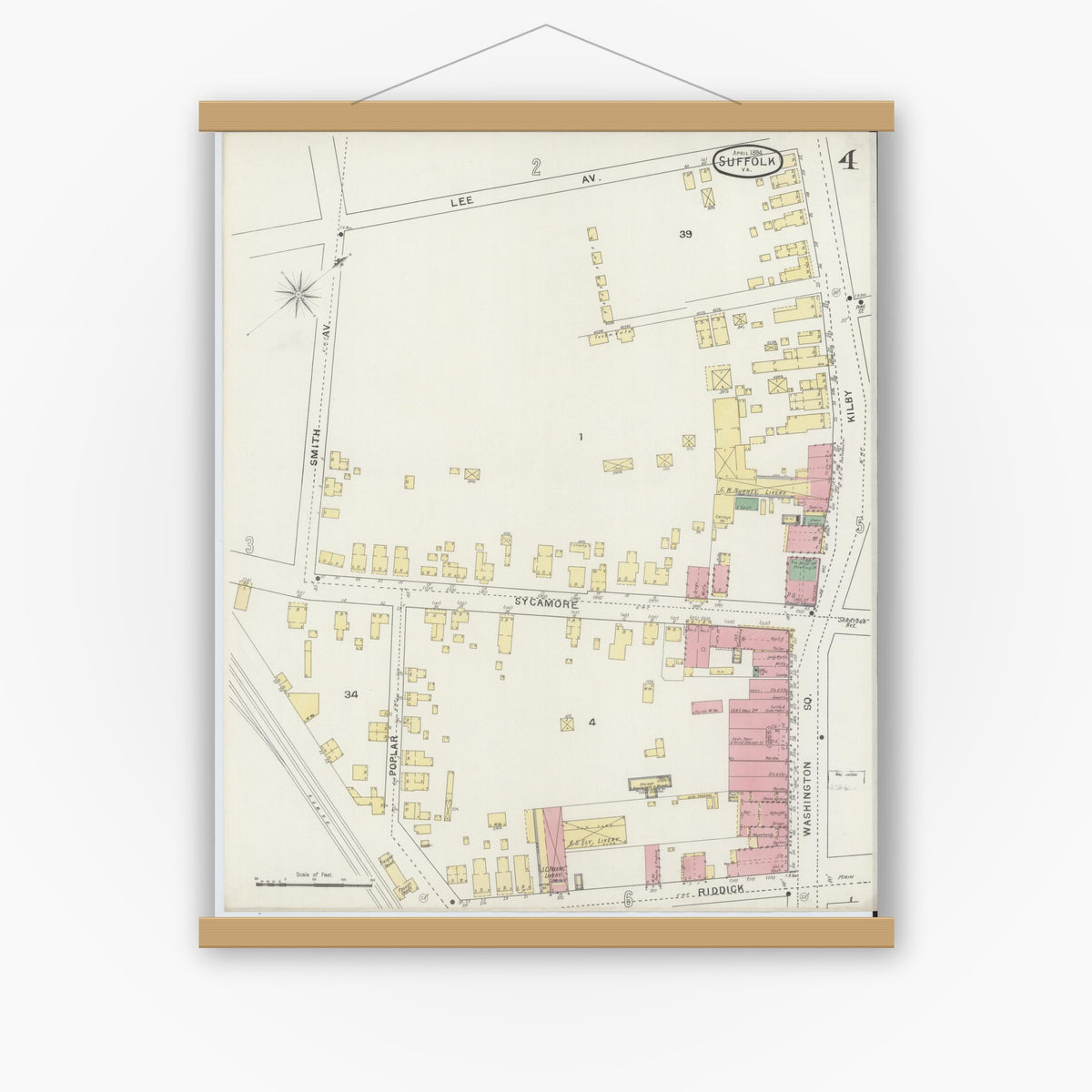 Old map wall art mockup — magnetic wood frame on white wall — Sanborn Fire Insurance Map from Suffolk, Independent Cities, Virginia (1894), Sheet #0004