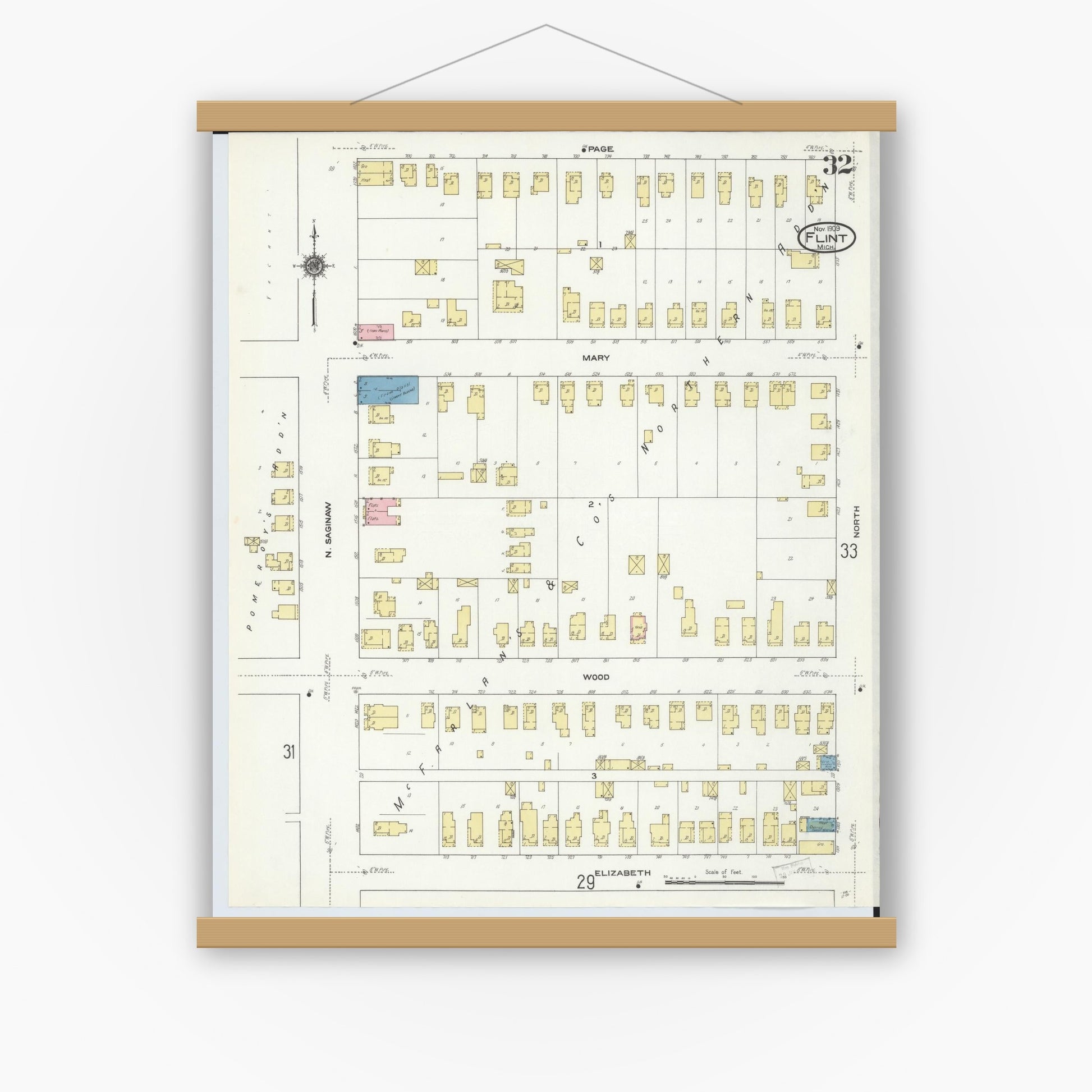 Old map wall art mockup — magnetic wood frame on white wall — Sanborn Fire Insurance Map from Flint, Genesee County, Michigan (1909), Sheet #0032