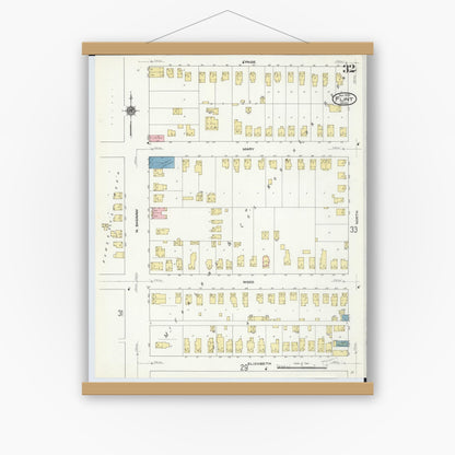 Old map wall art mockup — magnetic wood frame on white wall — Sanborn Fire Insurance Map from Flint, Genesee County, Michigan (1909), Sheet #0032