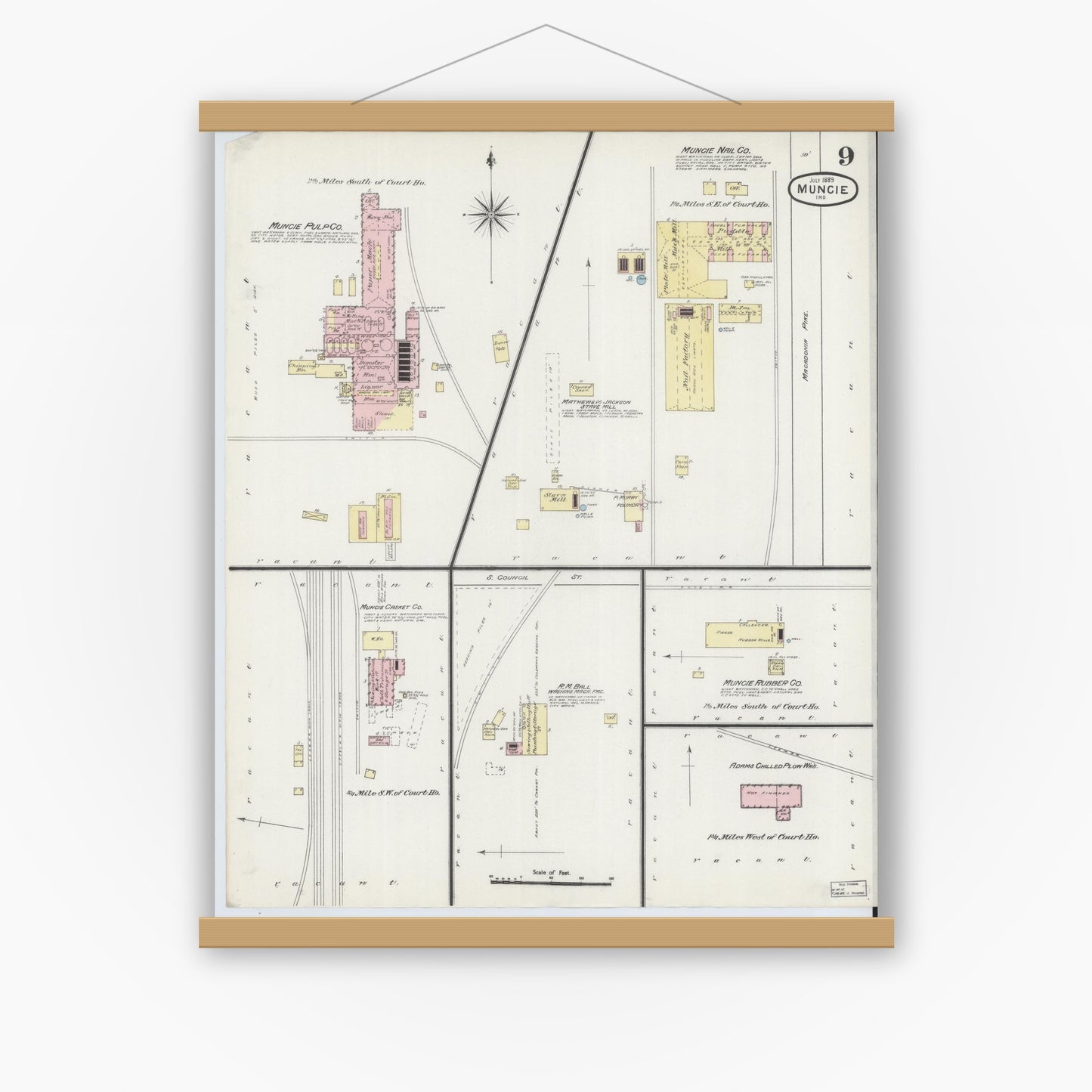 Old map wall art mockup — magnetic wood frame on white wall — Sanborn Fire Insurance Map from Muncie, Delaware County, Indiana (1889), Sheet #0009