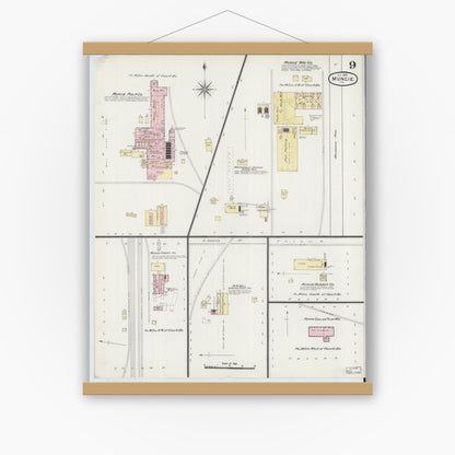 Old map wall art mockup — magnetic wood frame on white wall — Sanborn Fire Insurance Map from Muncie, Delaware County, Indiana (1889), Sheet #0009