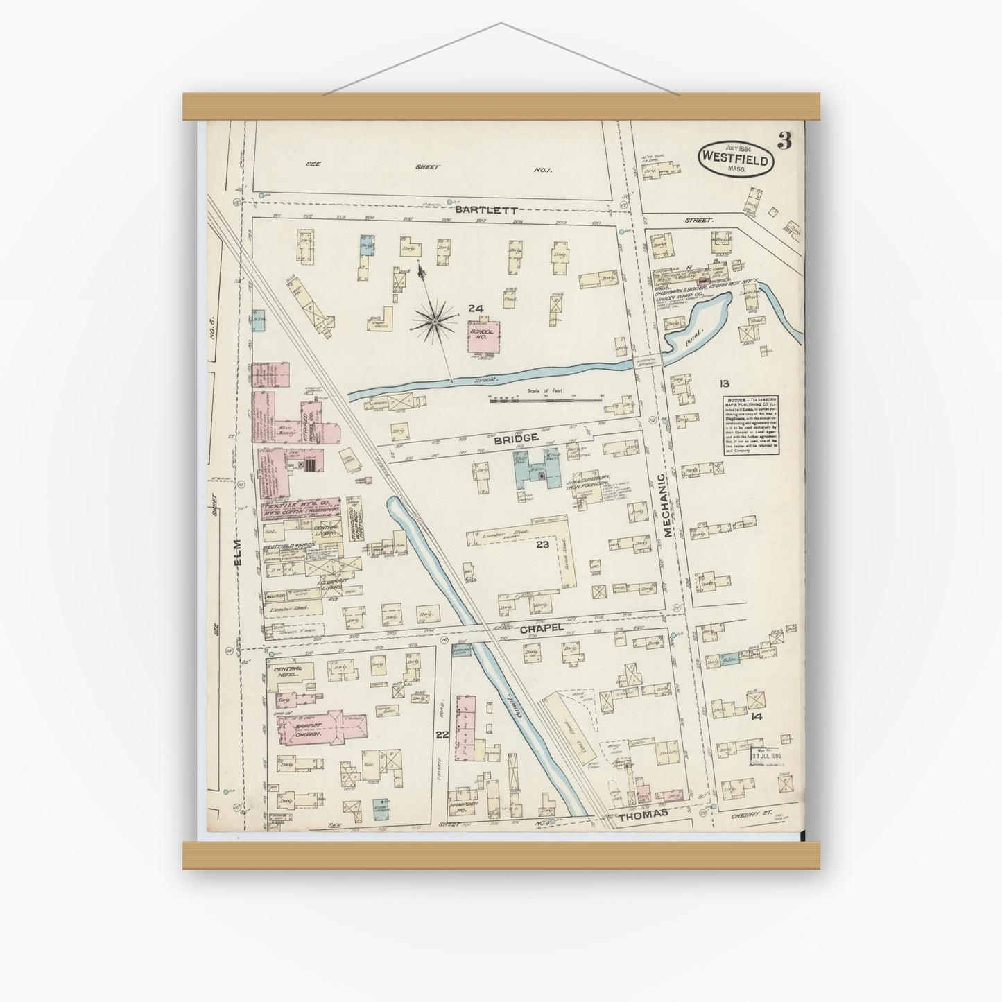 Old map wall art mockup — magnetic wood frame on white wall — Sanborn Fire Insurance Map from Westfield, Hampden County, Massachusetts (1884), Sheet #0003