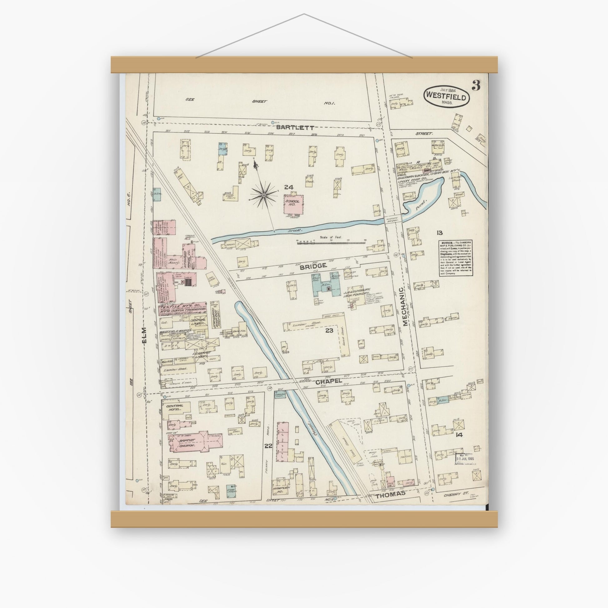 Old map wall art mockup — magnetic wood frame on white wall — Sanborn Fire Insurance Map from Westfield, Hampden County, Massachusetts (1884), Sheet #0003