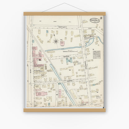 Old map wall art mockup — magnetic wood frame on white wall — Sanborn Fire Insurance Map from Westfield, Hampden County, Massachusetts (1884), Sheet #0003