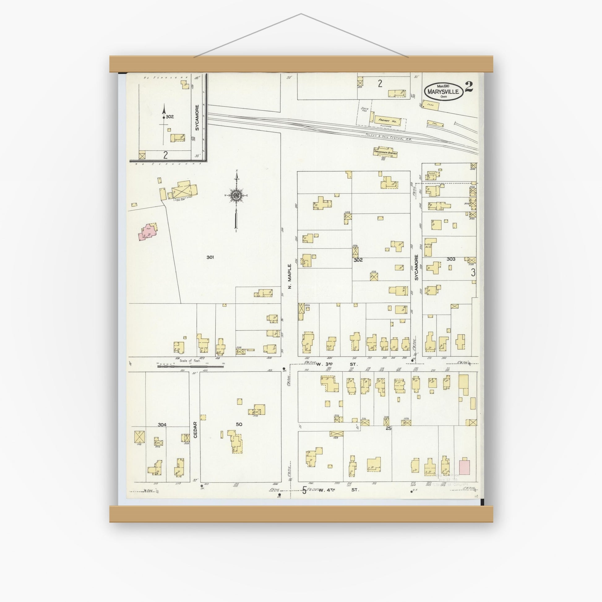 Old map wall art mockup — magnetic wood frame on white wall — Sanborn Fire Insurance Map from Marysville, Union County, Ohio (1910), Sheet #0002