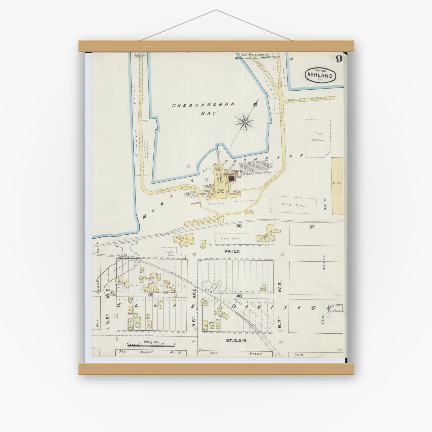 Old map wall art mockup — magnetic wood frame on white wall — Sanborn Fire Insurance Map from Ashland, Ashland County, Wisconsin (1890), Sheet #0009