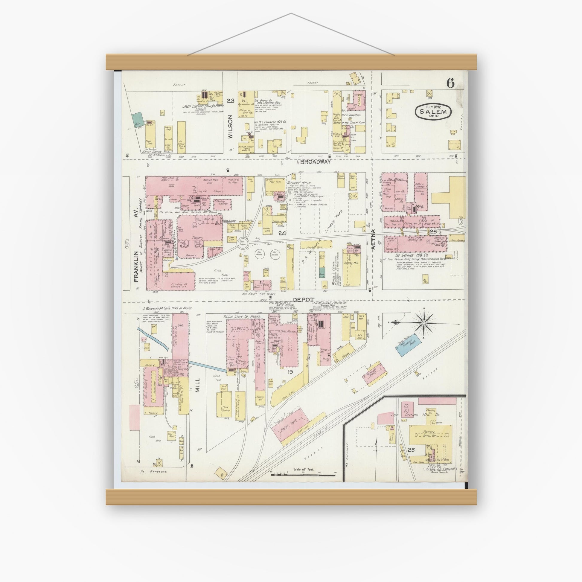 Old map wall art mockup — magnetic wood frame on white wall — Sanborn Fire Insurance Map from Salem, Columbiana County, Ohio (1892), Sheet #0006