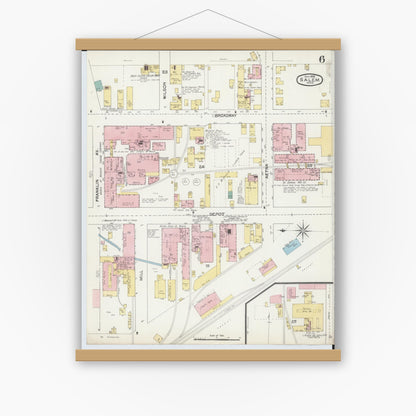 Old map wall art mockup — magnetic wood frame on white wall — Sanborn Fire Insurance Map from Salem, Columbiana County, Ohio (1892), Sheet #0006