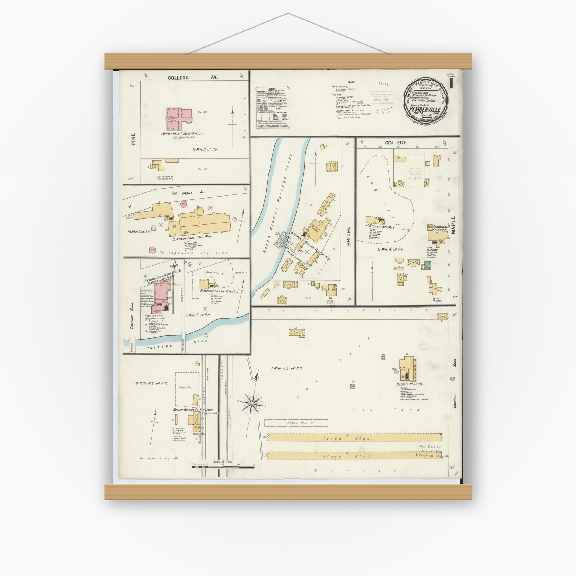 Old map wall art mockup — magnetic wood frame on white wall — Sanborn Fire Insurance Map from Pemberville, Wood County, Ohio (1900) - Complete Map Set