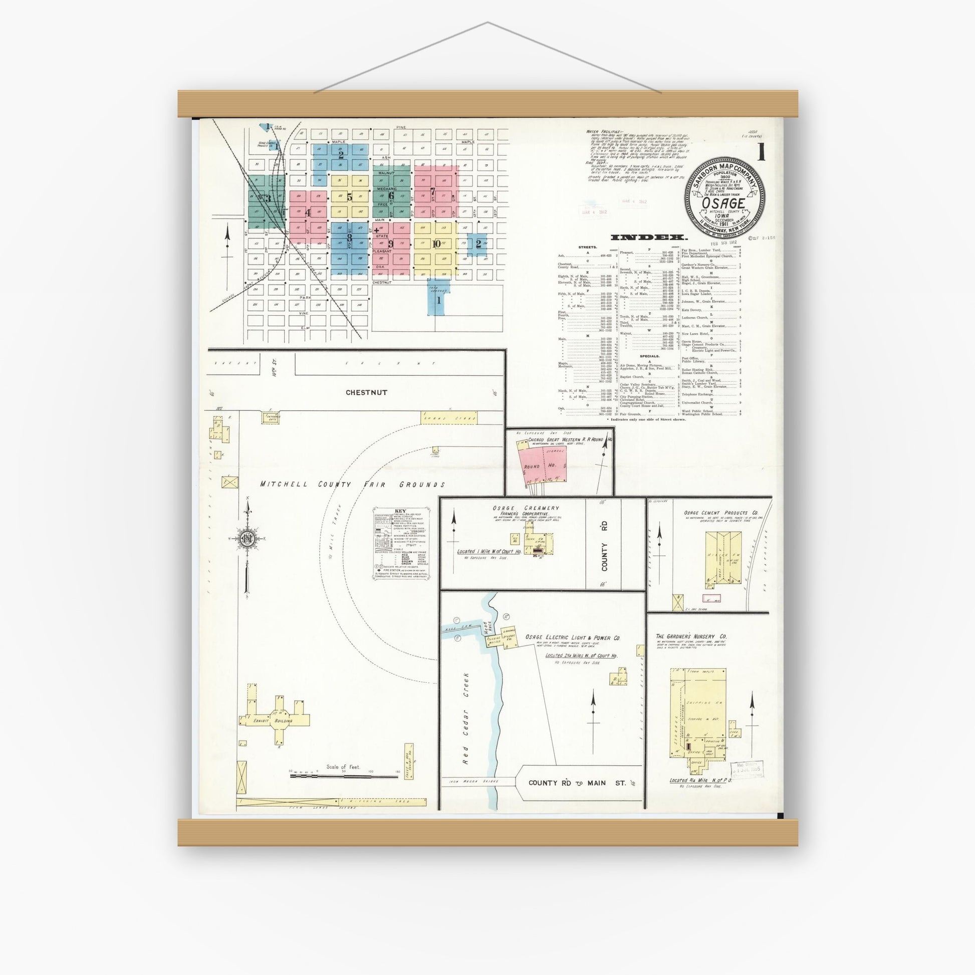 Old map wall art mockup — magnetic wood frame on white wall — Sanborn Fire Insurance Map from Osage, Mitchell County, Iowa (1911) â€” Complete Set