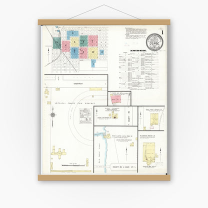 Old map wall art mockup — magnetic wood frame on white wall — Sanborn Fire Insurance Map from Osage, Mitchell County, Iowa (1911) â€” Complete Set