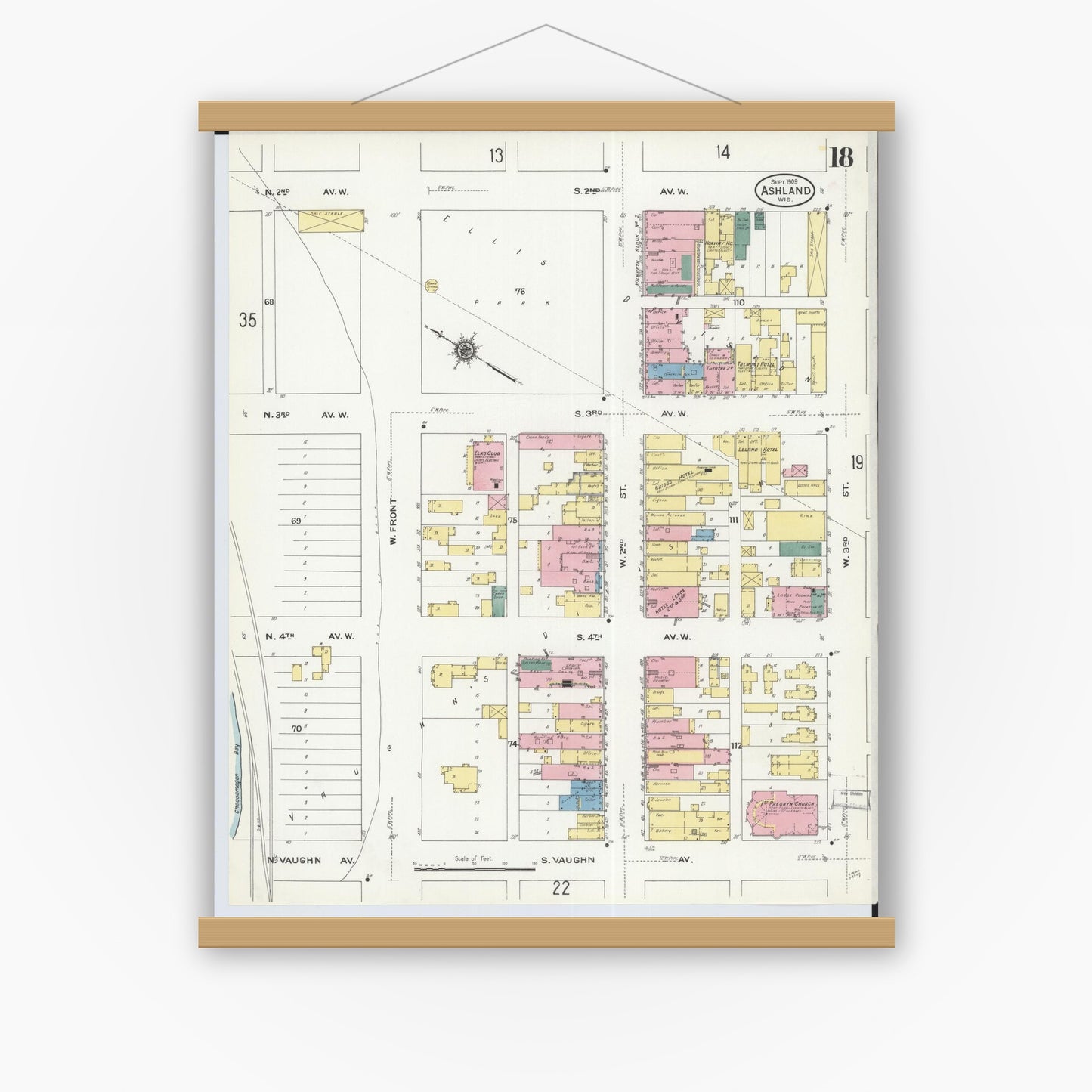 Old map wall art mockup — magnetic wood frame on white wall — Sanborn Fire Insurance Map from Ashland, Ashland County, Wisconsin (1909), Sheet #0018
