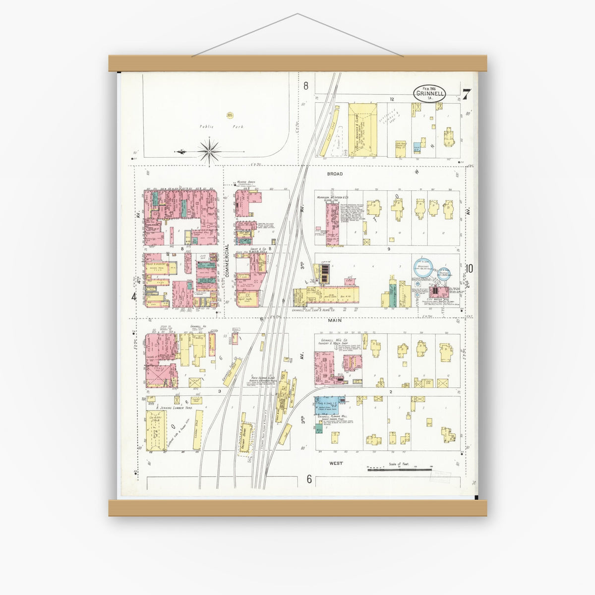 Old map wall art mockup — magnetic wood frame on white wall — Sanborn Fire Insurance Map from Grinnell, Poweshiek County, Iowa (1906), Sheet #0007