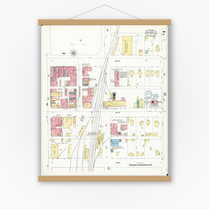 Old map wall art mockup — magnetic wood frame on white wall — Sanborn Fire Insurance Map from Grinnell, Poweshiek County, Iowa (1906), Sheet #0007