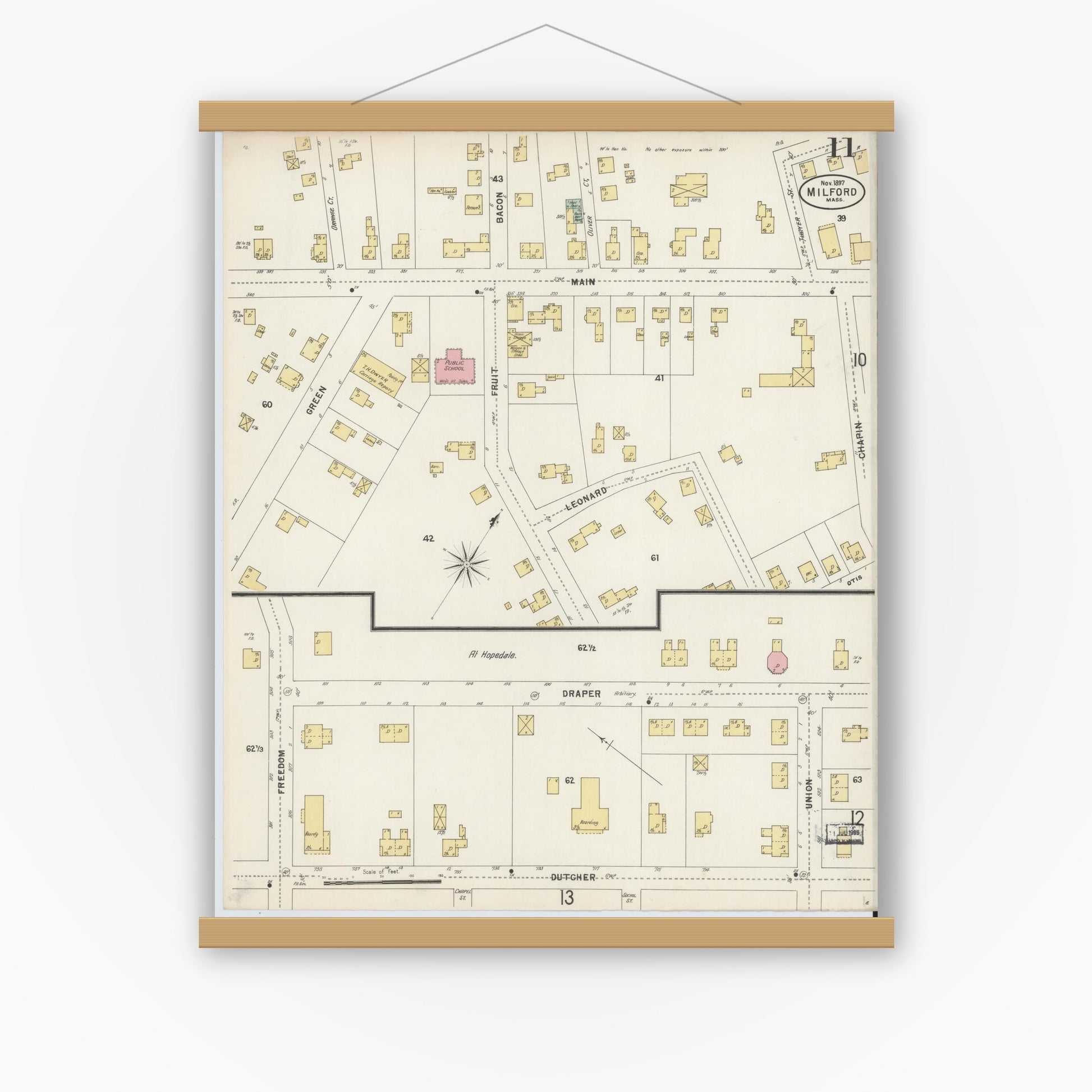 Old map wall art mockup — magnetic wood frame on white wall — Sanborn Fire Insurance Map from Milford, Worcester County, Massachusetts (1897), Sheet #0011