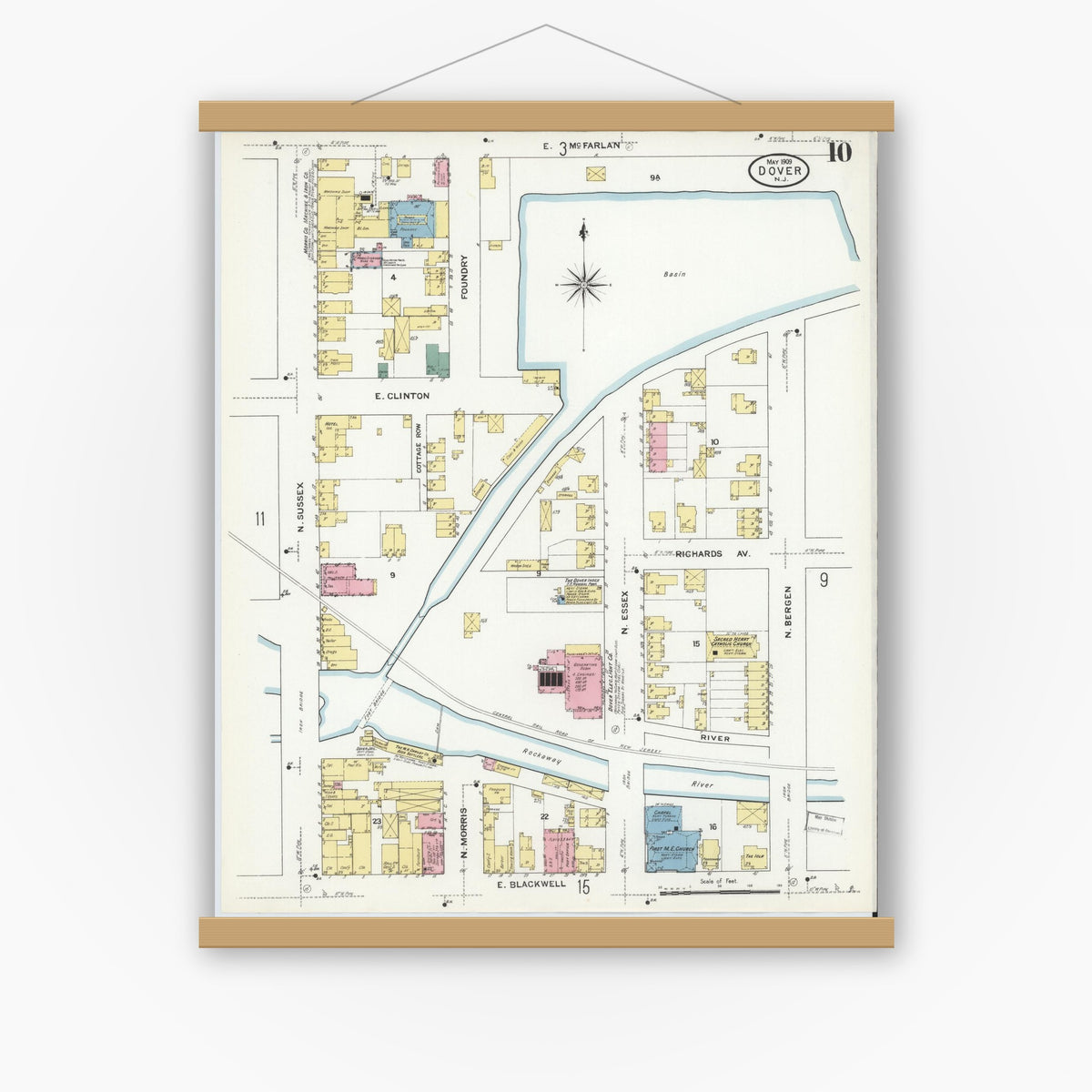 Old map wall art mockup — magnetic wood frame on white wall — Sanborn Fire Insurance Map from Dover, Morris County, New Jersey (1909), Sheet #0010