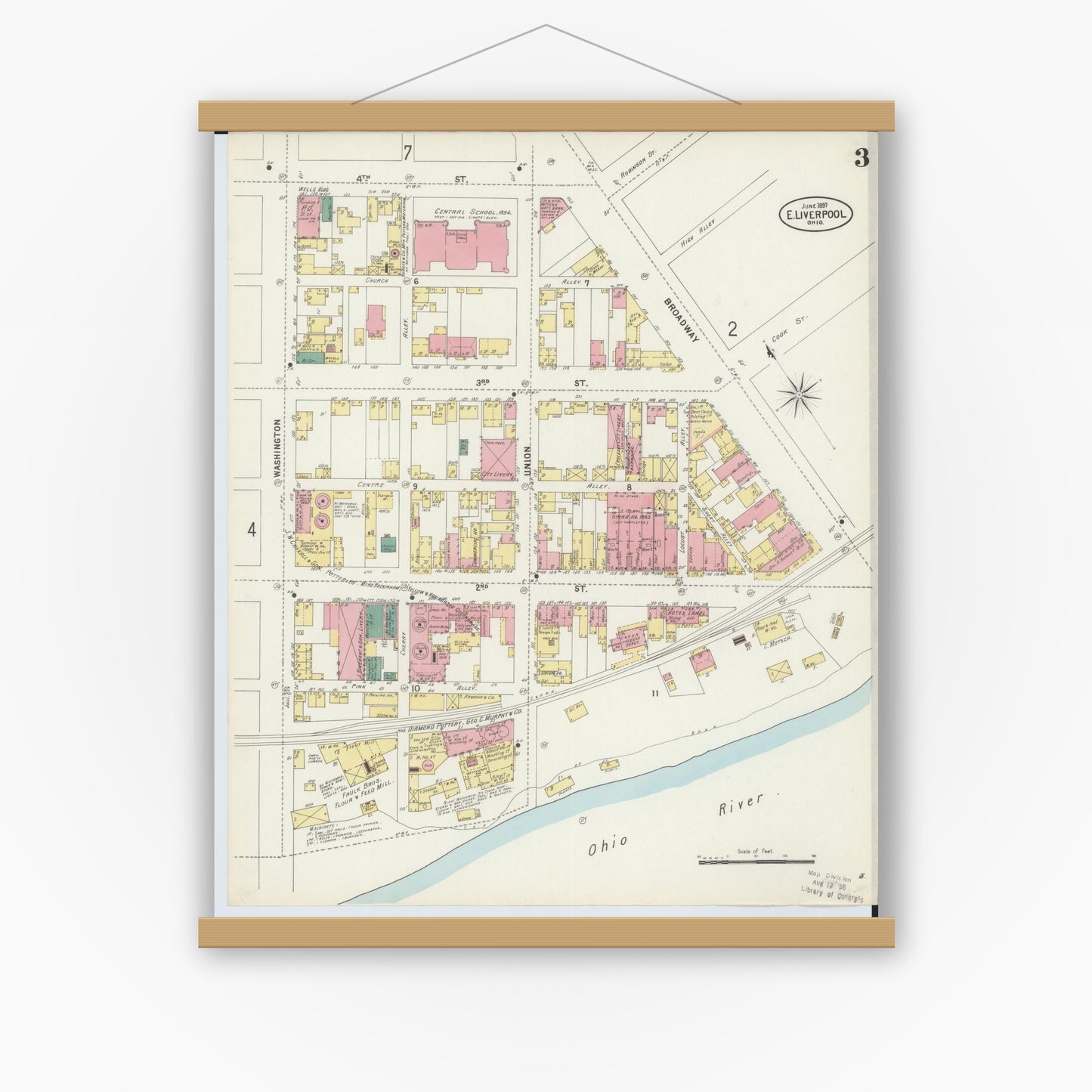 Old map wall art mockup — magnetic wood frame on white wall — Sanborn Fire Insurance Map from East Liverpool, Columbiana County, Ohio (1897), Sheet #0003