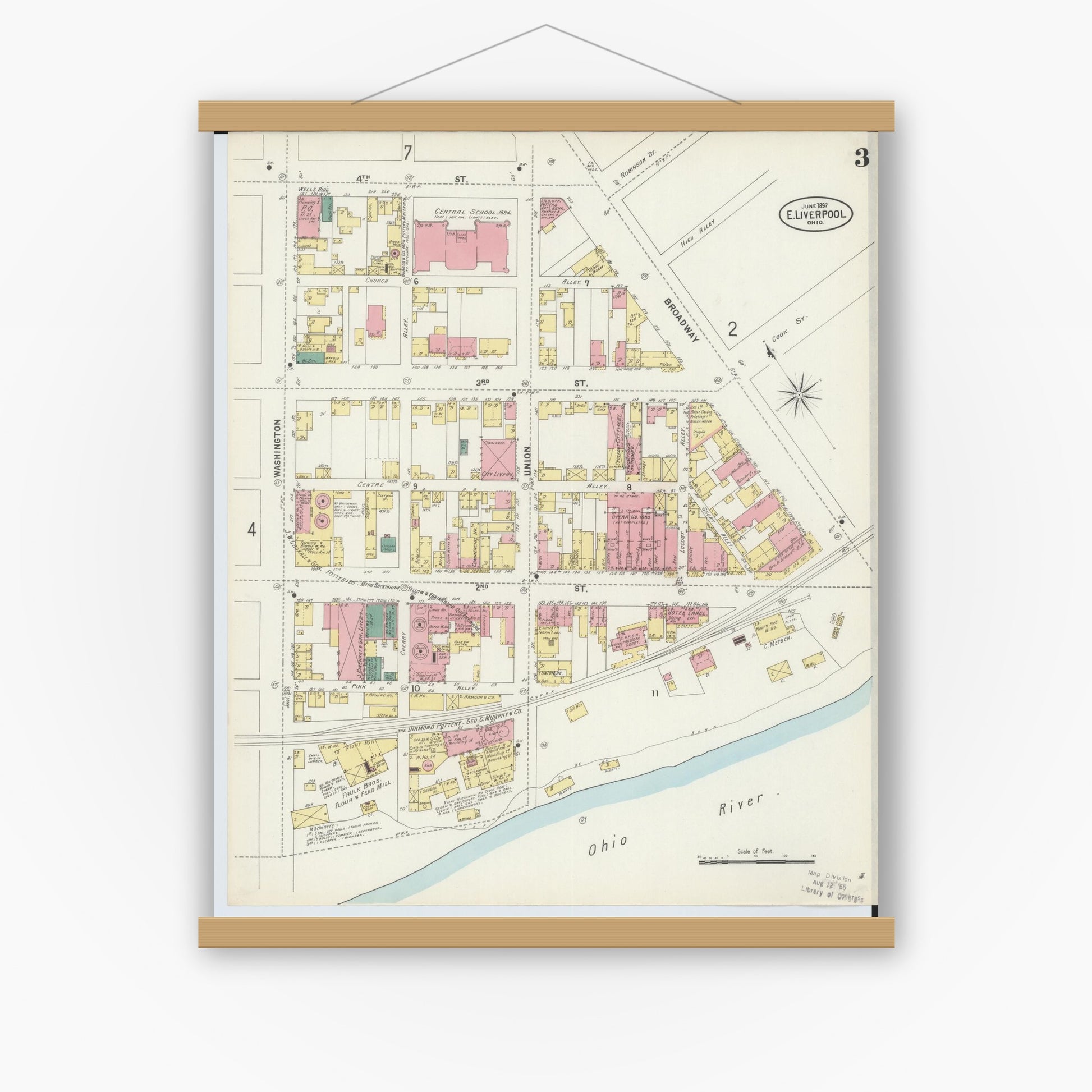 Old map wall art mockup — magnetic wood frame on white wall — Sanborn Fire Insurance Map from East Liverpool, Columbiana County, Ohio (1897), Sheet #0003