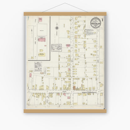 Old map wall art mockup — magnetic wood frame on white wall — Sanborn Fire Insurance Map from New Salem, Fayette County, Pennsylvania (1914) - Complete Map Set