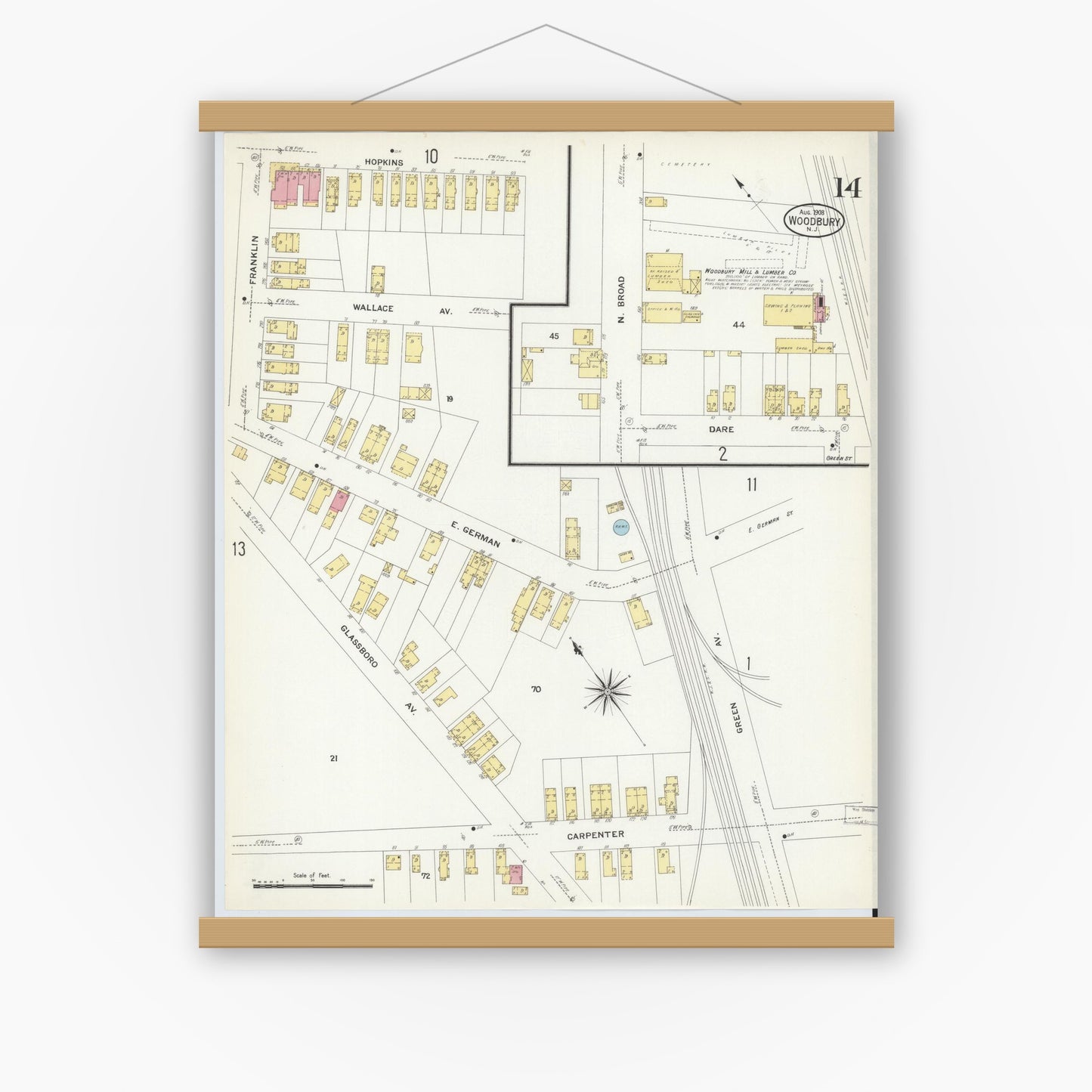 Old map wall art mockup — magnetic wood frame on white wall — Sanborn Fire Insurance Map from Woodbury, Gloucester County, New Jersey (1908), Sheet #0014