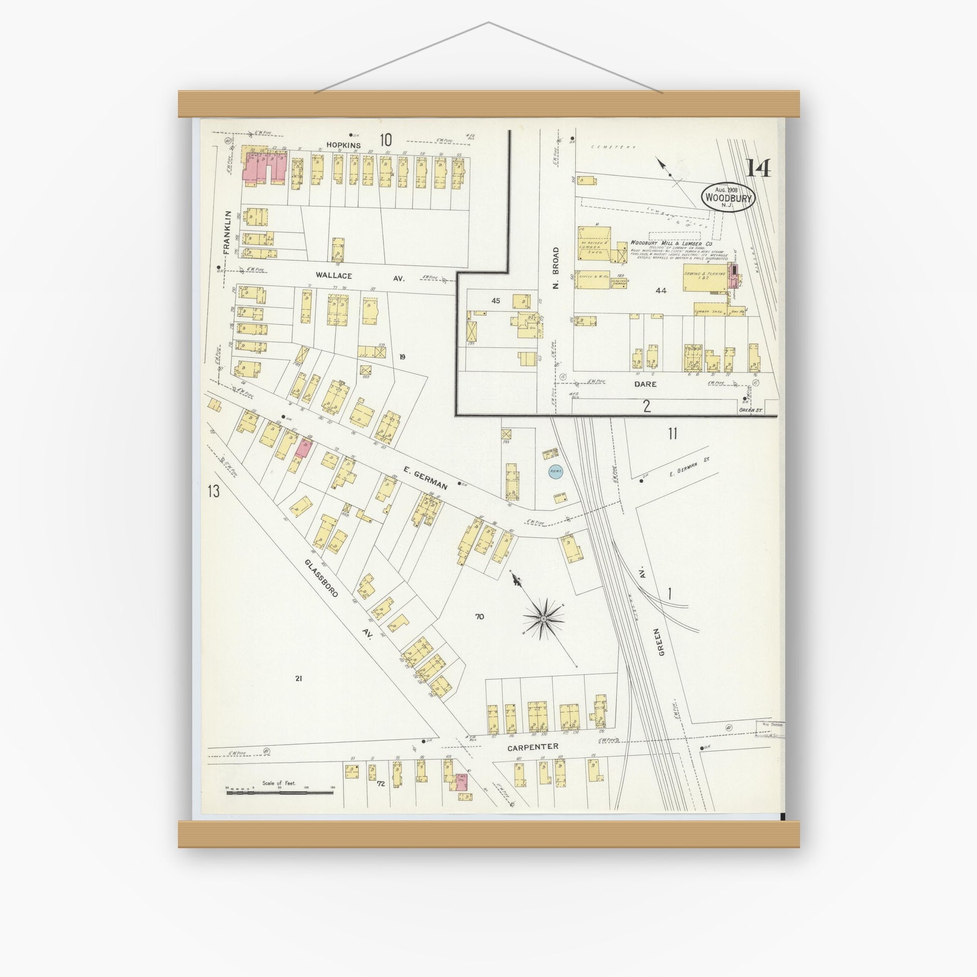 Old map wall art mockup — magnetic wood frame on white wall — Sanborn Fire Insurance Map from Woodbury, Gloucester County, New Jersey (1908), Sheet #0014