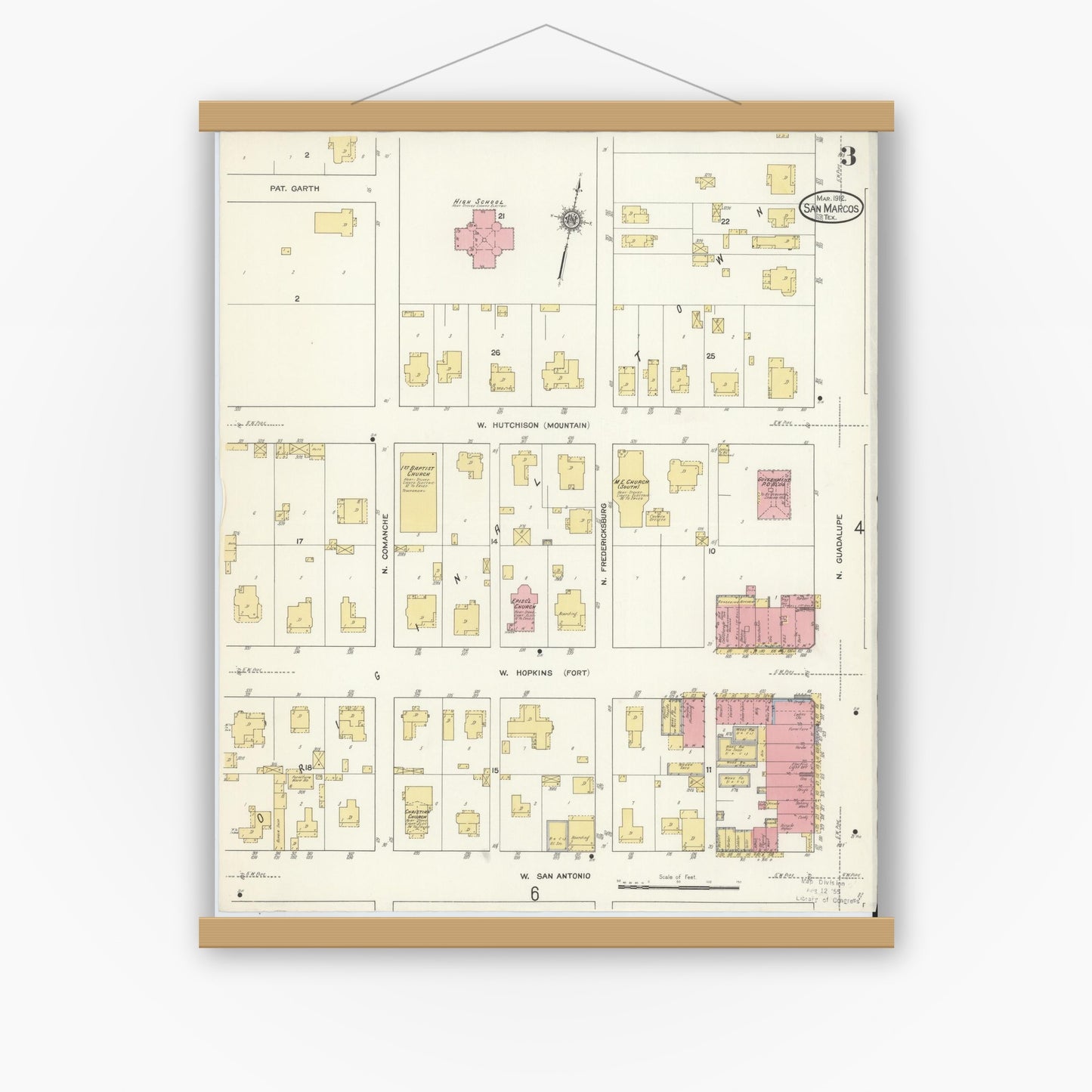 Old map wall art mockup — magnetic wood frame on white wall — Sanborn Fire Insurance Map from San Marcos, Hays County, Texas (1912), Sheet #0003