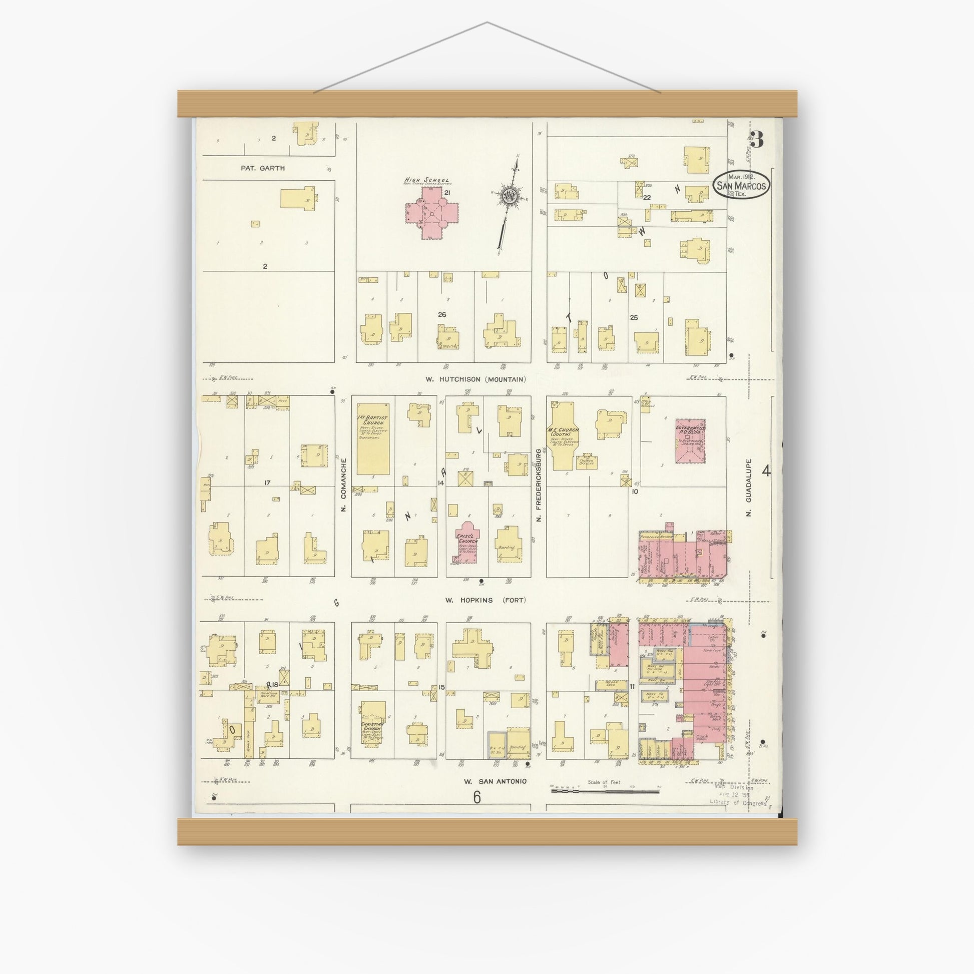 Old map wall art mockup — magnetic wood frame on white wall — Sanborn Fire Insurance Map from San Marcos, Hays County, Texas (1912), Sheet #0003