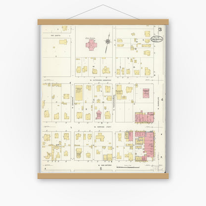 Old map wall art mockup — magnetic wood frame on white wall — Sanborn Fire Insurance Map from San Marcos, Hays County, Texas (1912), Sheet #0003