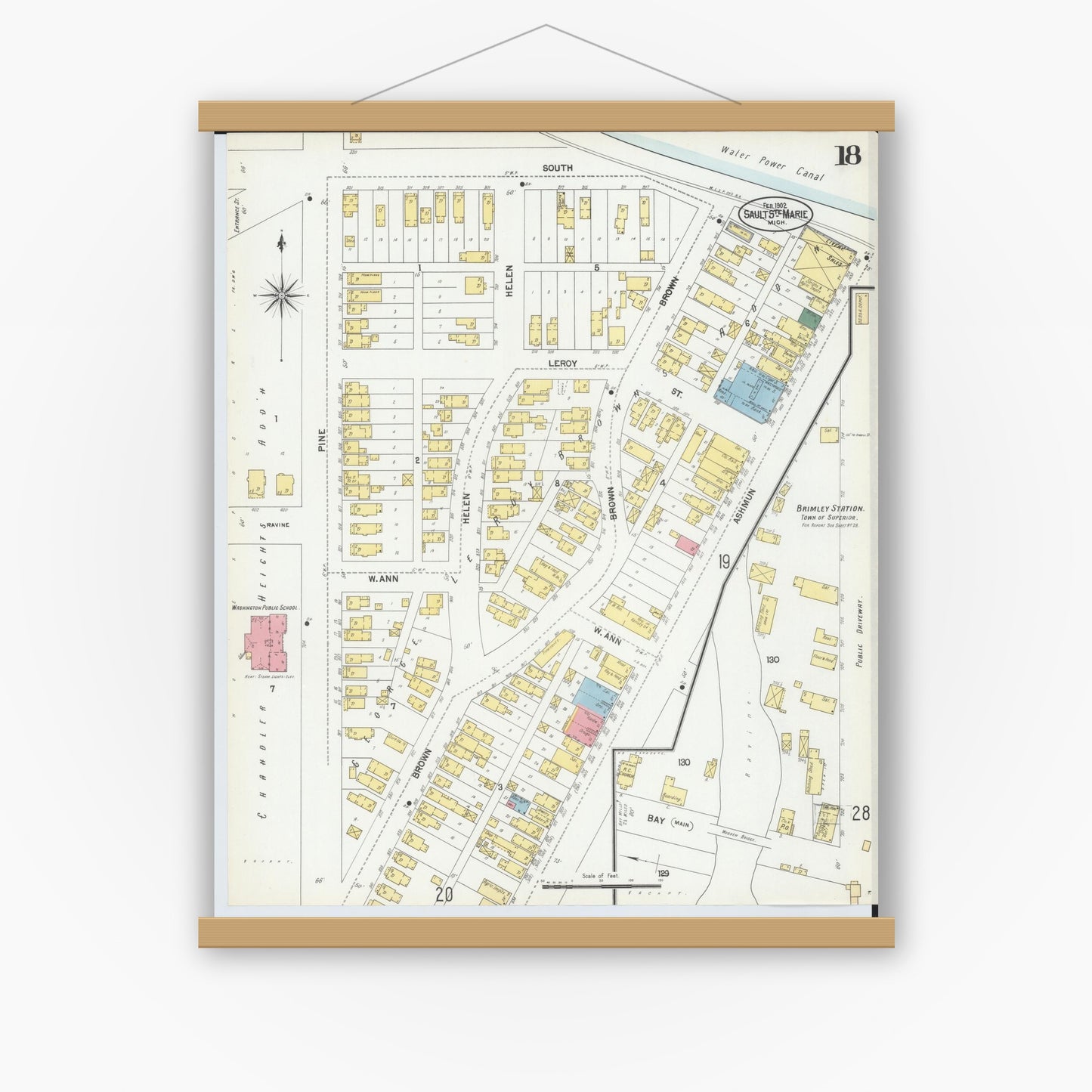 Old map wall art mockup — magnetic wood frame on white wall — Sanborn Fire Insurance Map from Sault Sainte Marie, Chippewa County, Michigan (1902), Sheet #0018