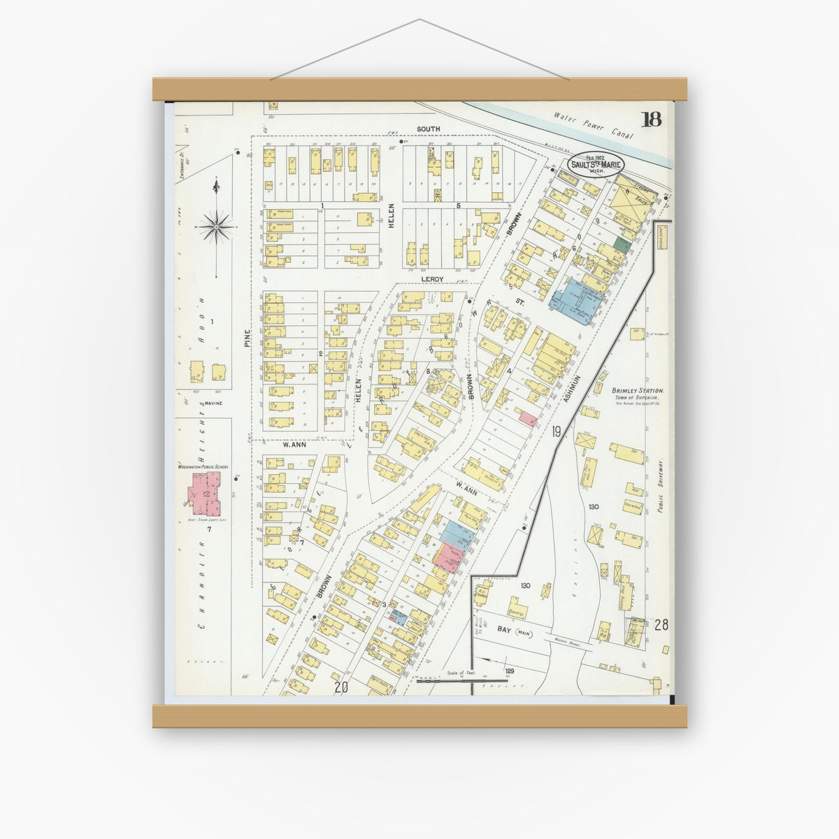Old map wall art mockup — magnetic wood frame on white wall — Sanborn Fire Insurance Map from Sault Sainte Marie, Chippewa County, Michigan (1902), Sheet #0018