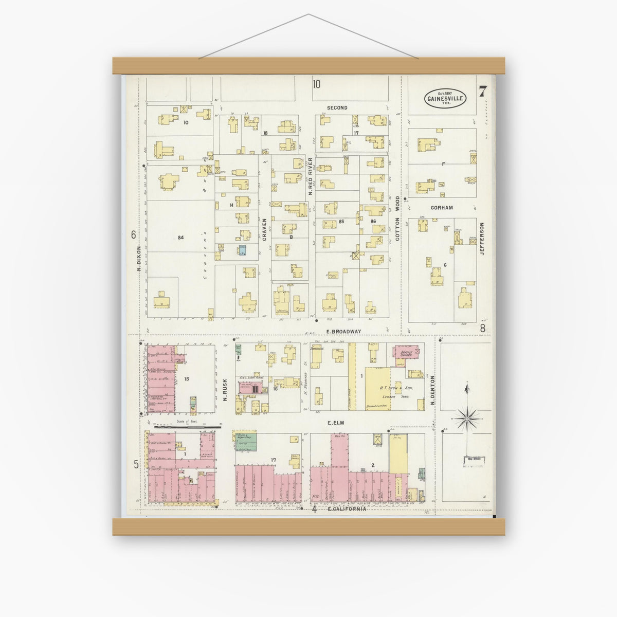 Old map wall art mockup — magnetic wood frame on white wall — Sanborn Fire Insurance Map from Gainesville, Cooke County, Texas (1897), Sheet #0007