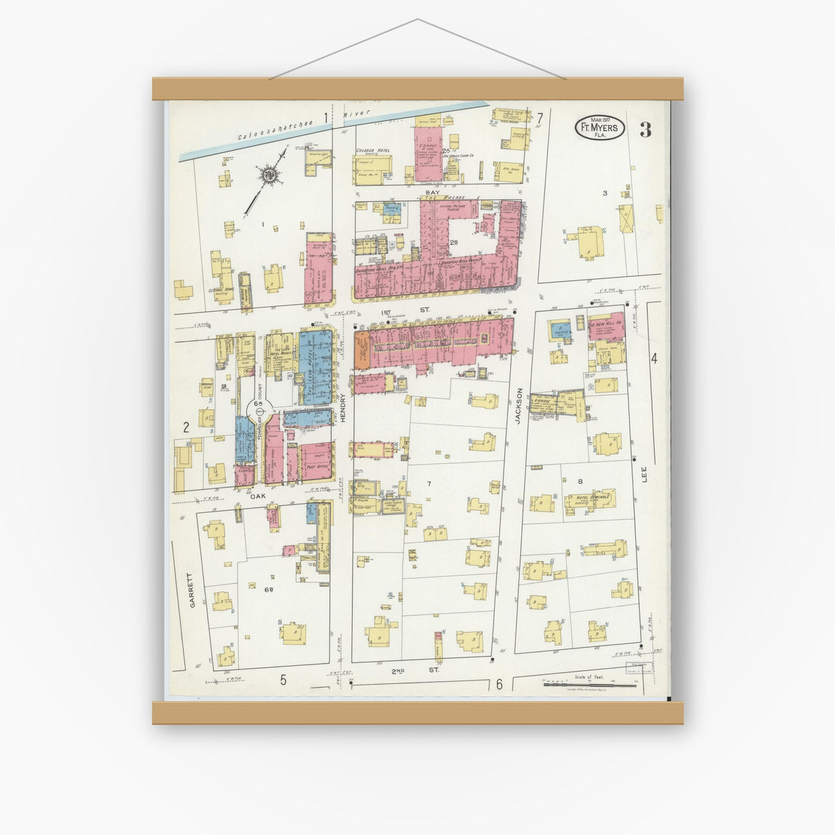 Old map wall art mockup — magnetic wood frame on white wall — Sanborn Fire Insurance Map from Fort Myers, Lee County, Florida (1917), Sheet #0003