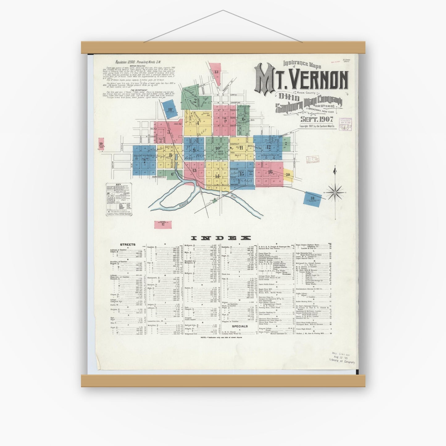 Old map wall art mockup — magnetic wood frame on white wall — Sanborn Fire Insurance Map from Mount Vernon, Knox County, Ohio (1907), Sheet #0001
