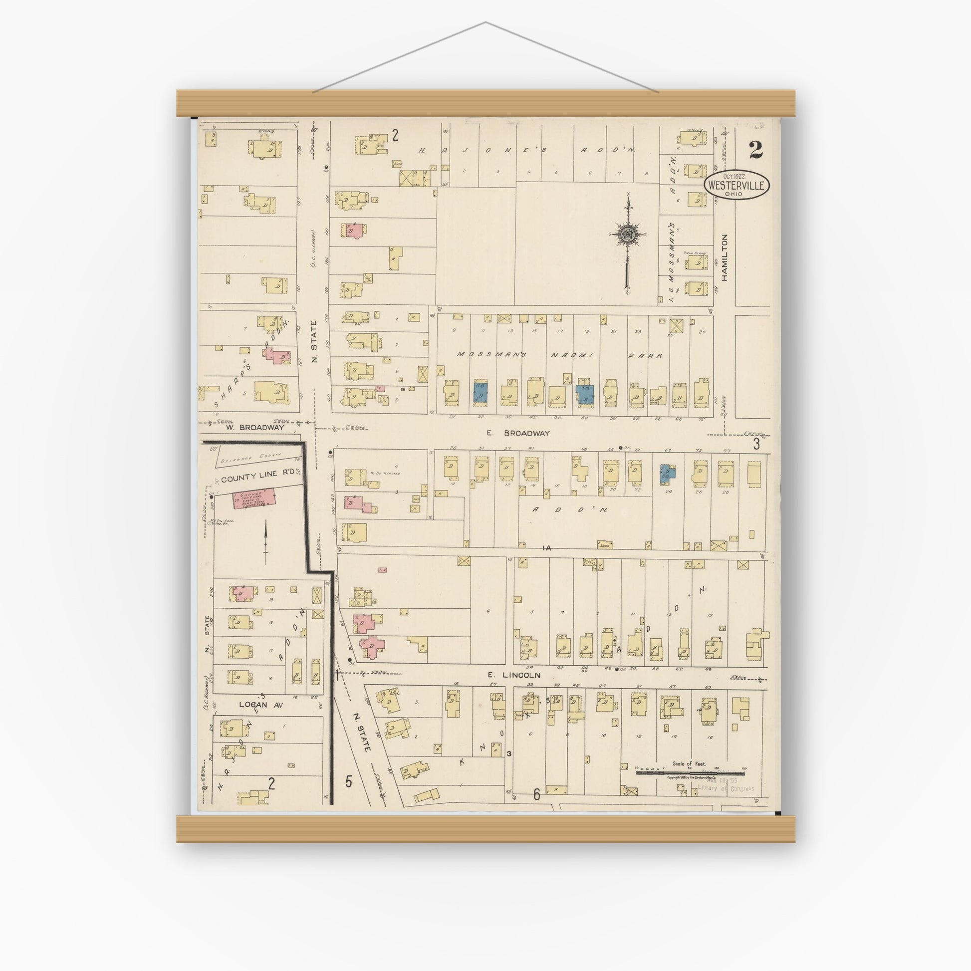 Old map wall art mockup — magnetic wood frame on white wall — Sanborn Fire Insurance Map from Westerville, Franklin County, Ohio (1922), Sheet #0002