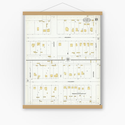 Old map wall art mockup — magnetic wood frame on white wall — Sanborn Fire Insurance Map from San Angelo, Tom Green County, Texas (1904), Sheet #0013
