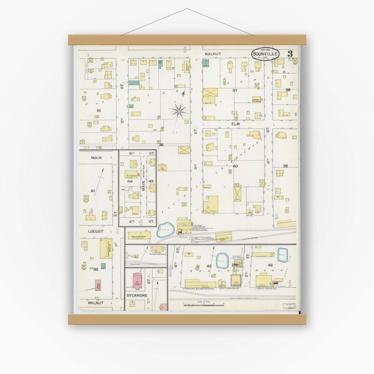 Old map wall art mockup — magnetic wood frame on white wall — Sanborn Fire Insurance Map from Boonville, Warrick County, Indiana (1892), Sheet #0003