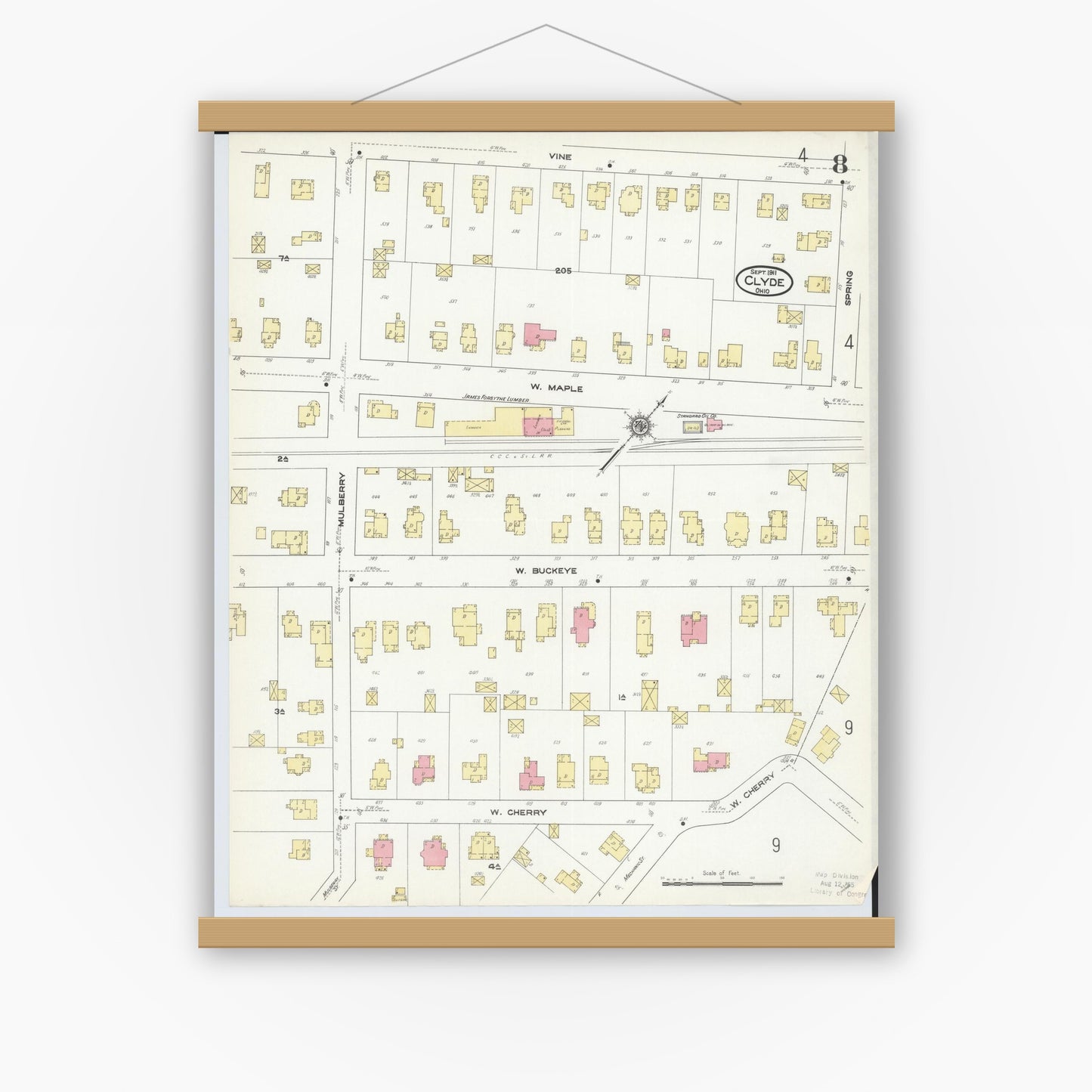Old map wall art mockup — magnetic wood frame on white wall — Sanborn Fire Insurance Map from Clyde, Sandusky County, Ohio (1911), Sheet #0008