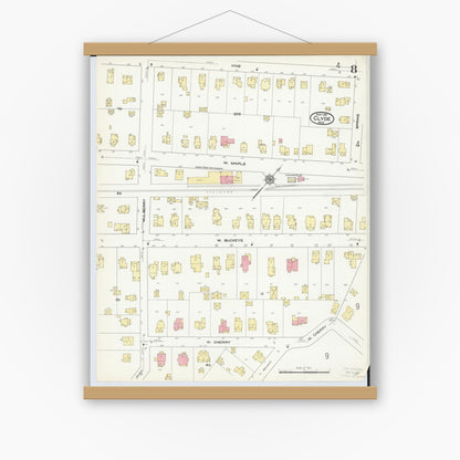 Old map wall art mockup — magnetic wood frame on white wall — Sanborn Fire Insurance Map from Clyde, Sandusky County, Ohio (1911), Sheet #0008