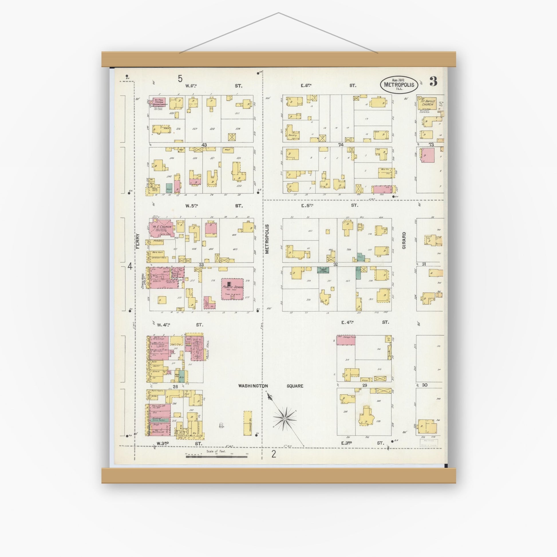 Old map wall art mockup — magnetic wood frame on white wall — Sanborn Fire Insurance Map from Metropolis, Massac County, Illinois (1902), Sheet #0003
