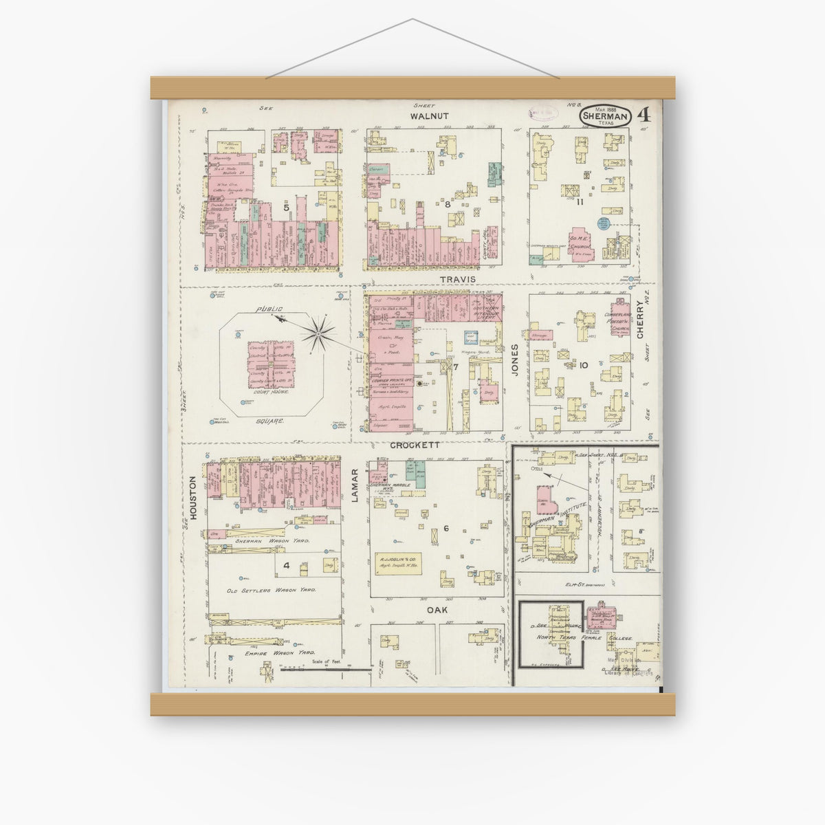 Old map wall art mockup — magnetic wood frame on white wall — Sanborn Fire Insurance Map from Sherman, Grayson County, Texas (1888), Sheet #0004