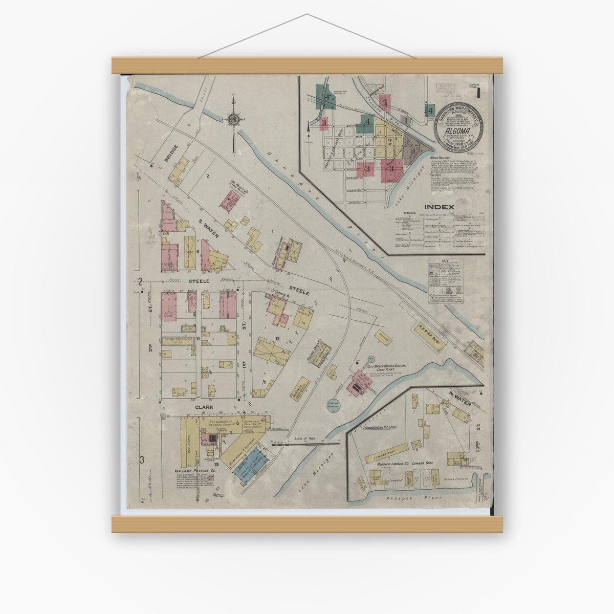 Old map wall art mockup — magnetic wood frame on white wall — Sanborn Fire Insurance Map from Algoma, Kewaunee County, Wisconsin (1909) - Complete Map Set