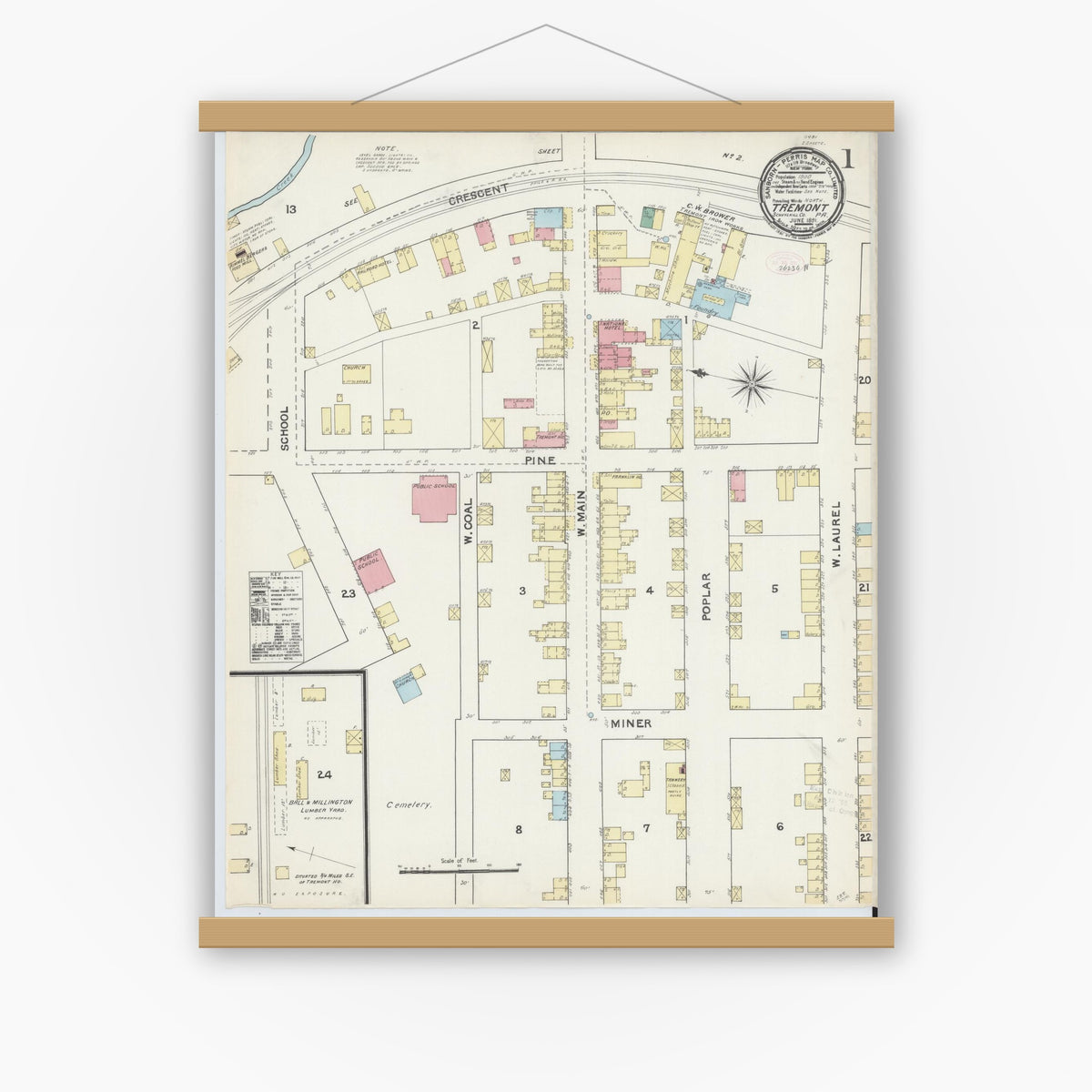Old map wall art mockup — magnetic wood frame on white wall — Sanborn Fire Insurance Map from Tremont, Schuylkill County, Pennsylvania (1891), Sheet #0001