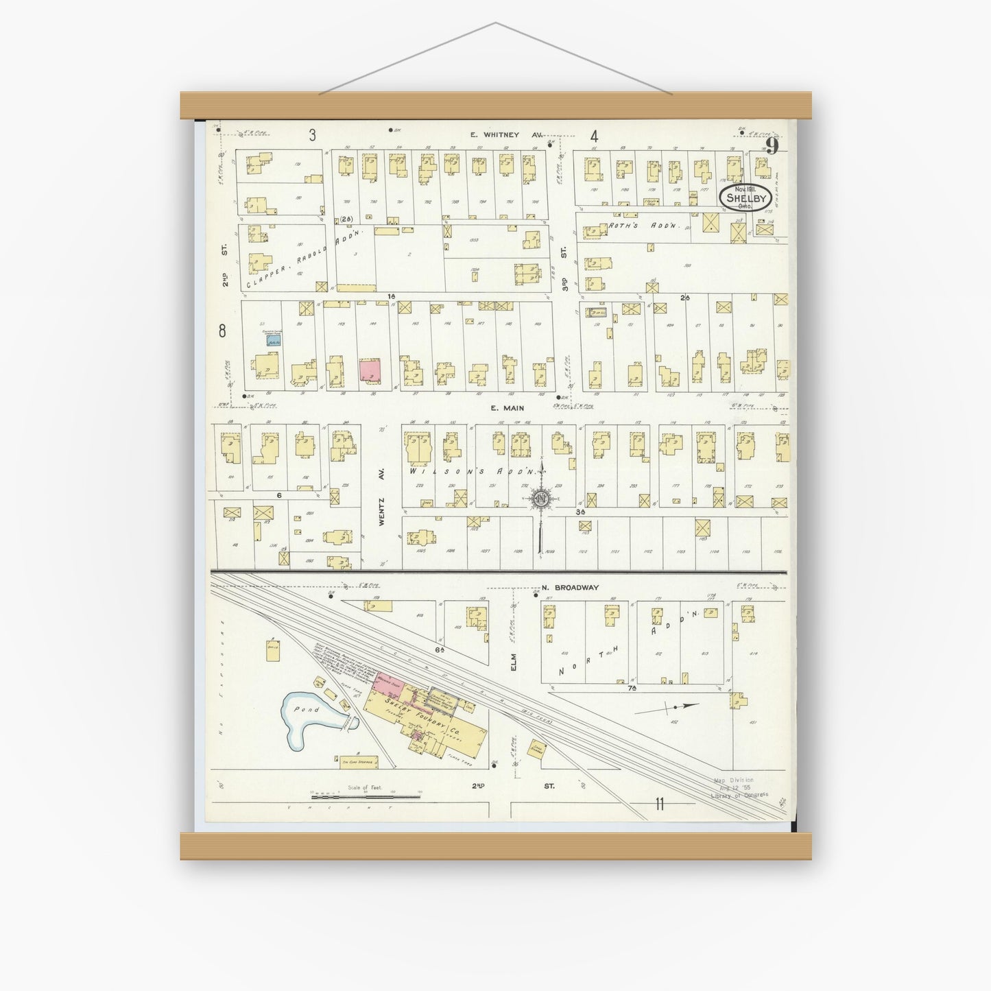 Old map wall art mockup — magnetic wood frame on white wall — Sanborn Fire Insurance Map from Shelby, Richland County, Ohio (1911), Sheet #0009